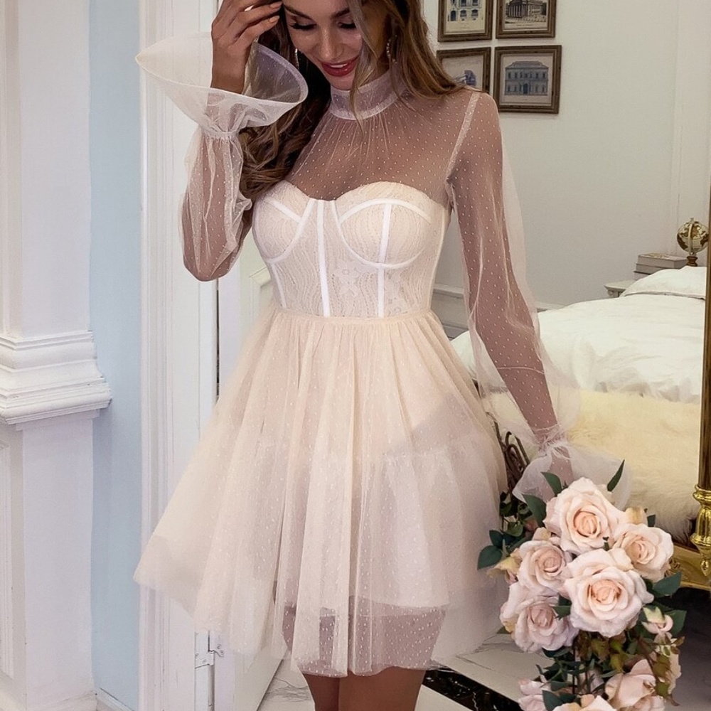 polka dot mesh sheer sleeve ruffle party dress - Picture 5 of 13